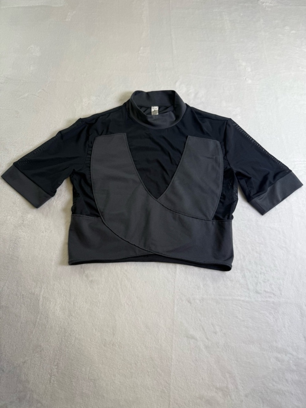 ALO Yoga Black  and Gray Mesh Mock Neck Cropped Top with Layered Panels